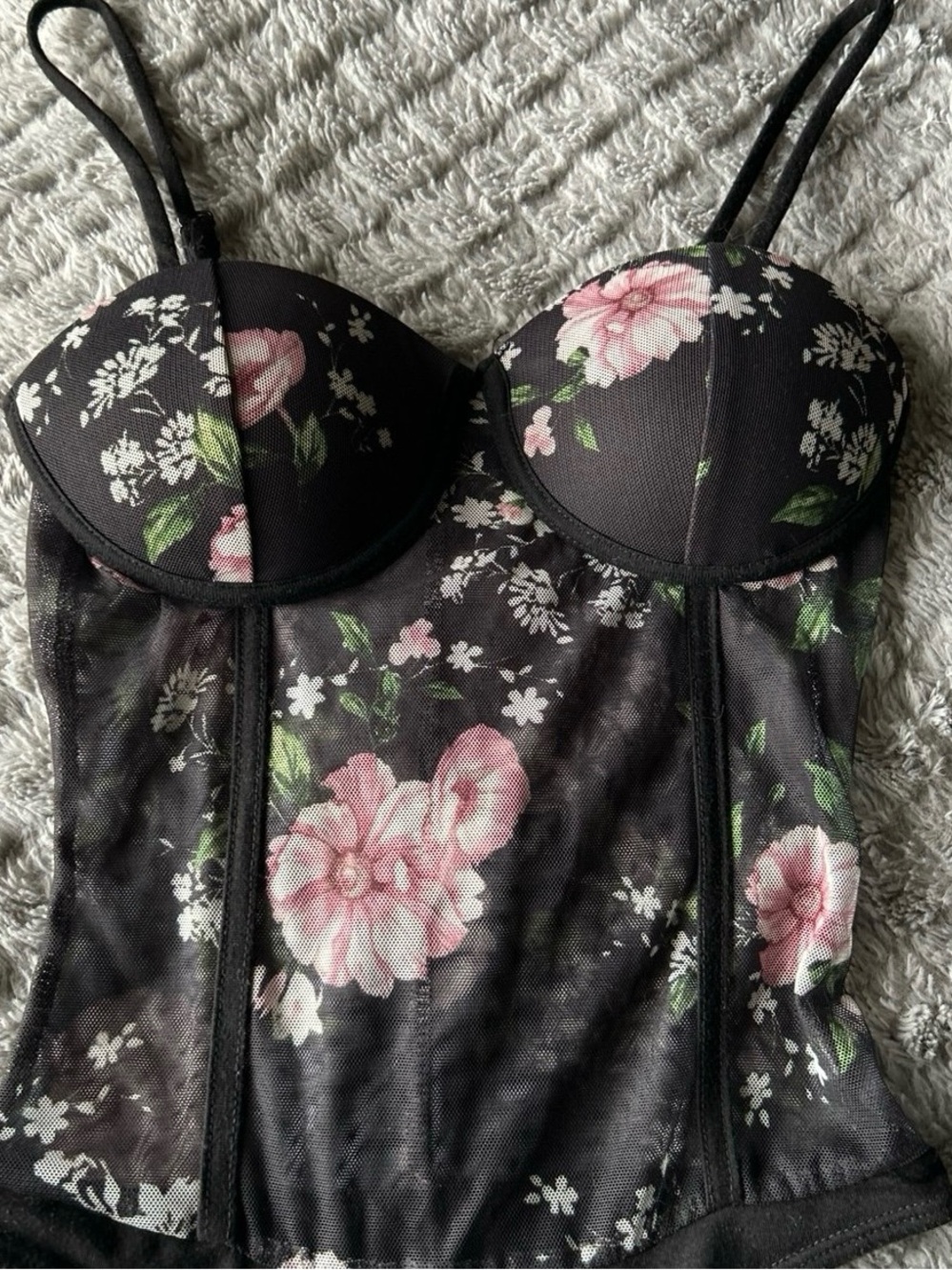 Black Floral Bustier Bodysuit with Pink Flowers XS